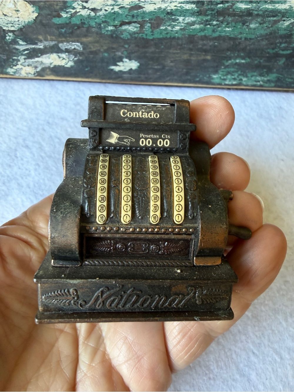 Spain Play Me Contado Cash Register Pencil Sharpener Vintage Cast Metal
